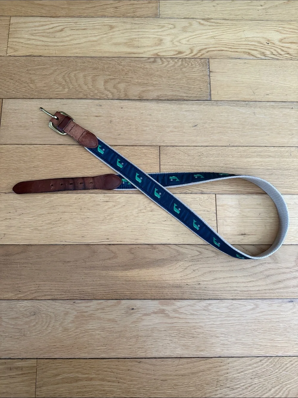 Classic Navy Embroidered Whale Webbing Belt trim leather - Men size 36